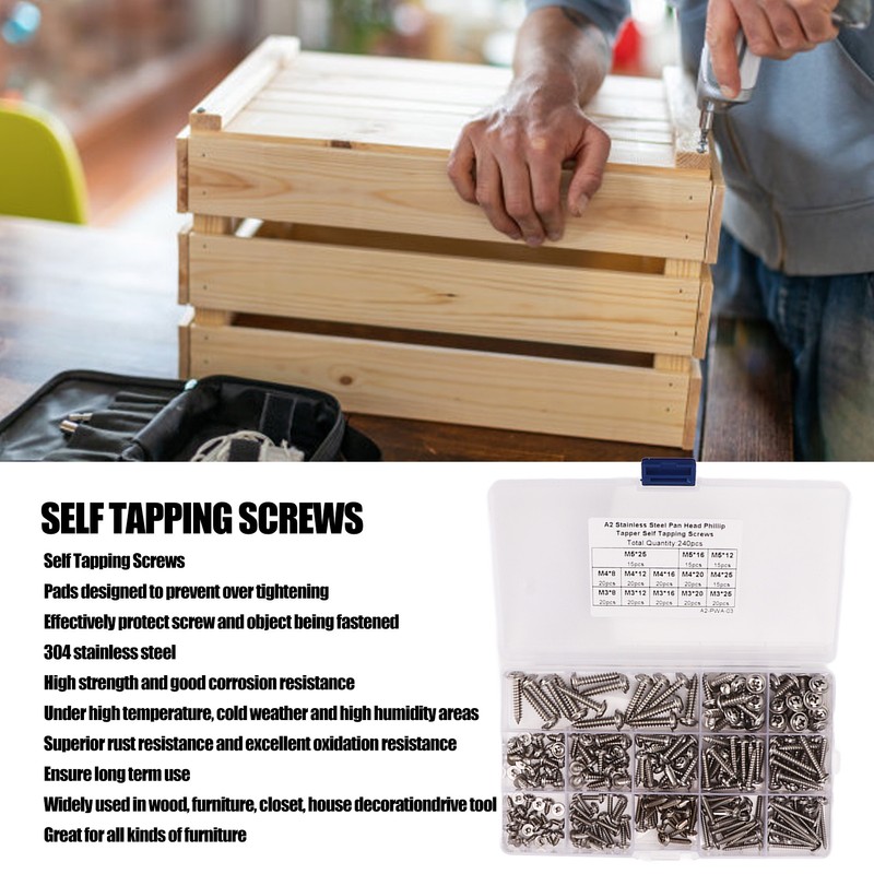 240Pcs Self Tapping Screws Cross Pan Head Stainless Steel M3