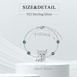 Flpruy May Emerald Birthstone Highland Cow Bracelet 925 Sterling Silver Scotland Cow Link Bracelet Western Jewelry Gifts for Women Mom Cow Lover