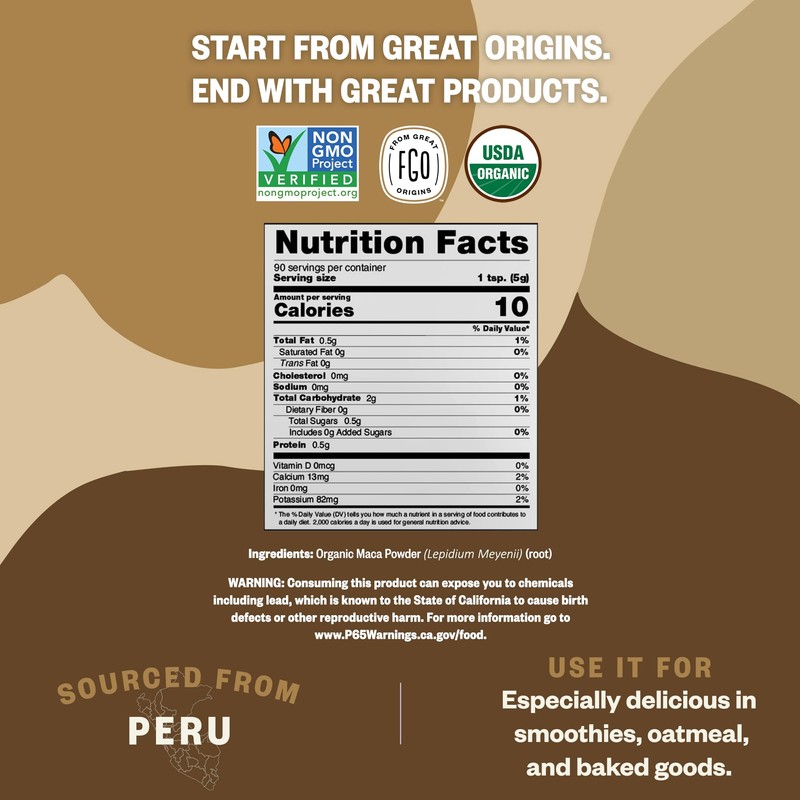 FGO Organic Peruvian Maca Root Powder, 16oz Bulk Resealable Pouch,