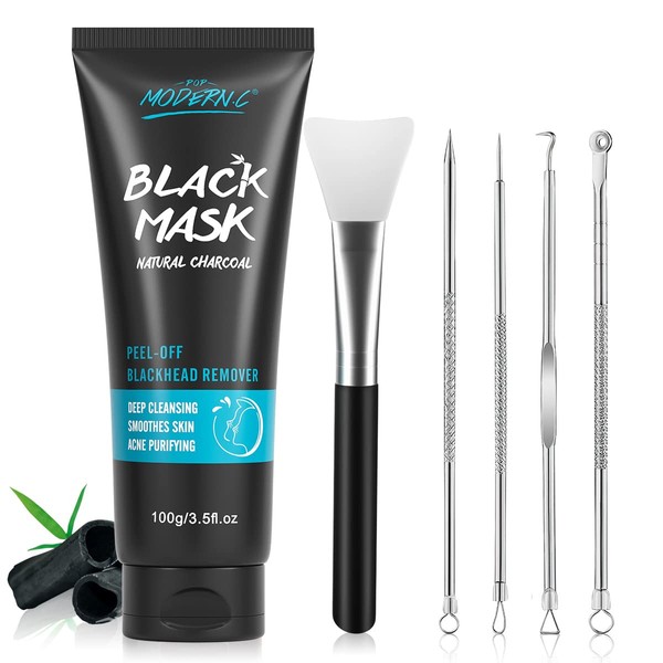 POP MODERN.C Blackhead Remover Mask Bamboo Charcoal Peel Off Mask Skin Care Face Mask 3-in-1 Kit Pimple & Deep Cleansing Black Facial Mask Shrink Pore With Blackhead Remover Extractor Tools