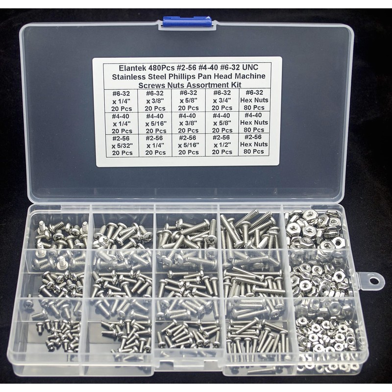 Elantek 480Pcs #2-56#4-40#6-32 UNC Stainless Steel Phillips Pan Head Machine