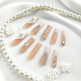 White Press on Nails Long Square Fake Nails with 3D Butterfly Flower Rhinestones Designs French Tip Nails Press ons Glossy Glue on Nails Nude Acrylic Nails Spring Stick on Nails for Women 24Pcs