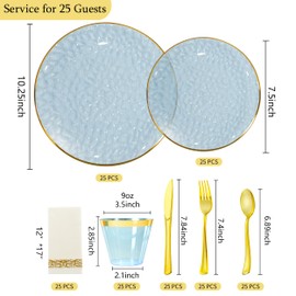 ISFANGCO 175 Pcs Disposable Clear Blue Plastic Plates for 25 Guests, Hammered Blue Party Plate Sets with Gold Rim Include 25 Dinner & 25 Dessert Plates, 25 Silverware Sets, 25 Cups, 25 Napkins