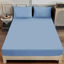 KHIM 100% Cotton 25CM/10inch Deep Fitted Sheet Single, Double, King & Super King Bed Sheets (Sky Blue - King)