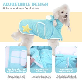 OUOBOB Dog Drying Coat with Hood, Super Absorbent Dog Towel Robe for Quick Dry After Bath, Soft Pet Bathrobe for Dogs, Magic Sticker & Belly Strap All-Season Dressing Gown Blue L
