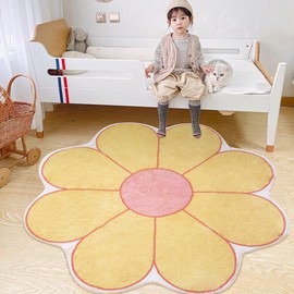 Poowe Flower Shaped Area Rug, Soft Floral Washable Round Rug - 39.4" Yellow