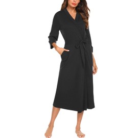 Unibelle Women’s Thin Cotton 3/4 Sleeves Dressing Gown, Bathrobe, Nightwear, Kimono, Sauna Gown with Deep V-Neck Pyjamas, S-XXXL, A-Black, xxl