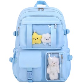 HORHEAR Kawaii Backpack with Cute Pin Accessories, Kawaii Plush Toy Animal Pin and Cartoon Card, Kawaii Backpack, School Backpack(Style-2-black)