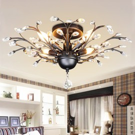 SEOL-Light Vintage Crystal Branches Chandeliers Black Ceiling Light Flush Mounted Fixture with 4 Light 160W 24.5"Dia