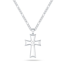 Cross Necklace for Men, Gold Silver Black Stainless Steel Mens Cross Necklaces Figaro Chain Cross Pendant Necklace for Men Cross Chain Necklace for Men 16-24 Inch, 22in/24in, Stainless Steel, No