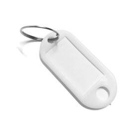 KAYIMAS Key Tags with Rings, 50pcs Plastic Key Tags Key Labels Colored Key Tags as Key Fob Luggage Pet Name Memory Stick Tags (White)