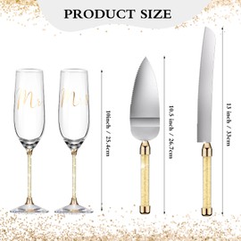 Boao Juego de 4 flautas de tostado de boda y servidor de pasteles, suministros de recepción de boda, copas de champaña, cuchillo para tartas (diamante dorado, simple)