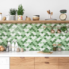 VEELIKE Green Fish Scale Peel and Stick Backsplash Tile Green Back Splash Stick on Tiles for Kitchen 6 Sheets Waterproof Removable Peel and Stick Wall Tiles for Bathroom Living Room Renters 12''x12''
