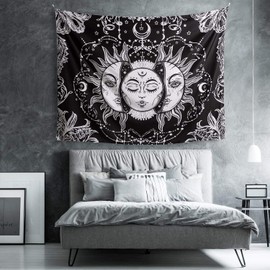 DasyFly Small Sun and Moon Tapestry Wall Hanging,Black and White Tapestry Burning Sun with Star Tapestry Psychedelic Wall Tapestry For Bedroom Dorm Home Decor