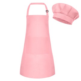 BOUBONI Kids Apron and Chef Hat Set Adjustable Child Art Aprons with 2 Pockets Toddler Chef Hat and Apron for Cooking Baking Painting (Pink)