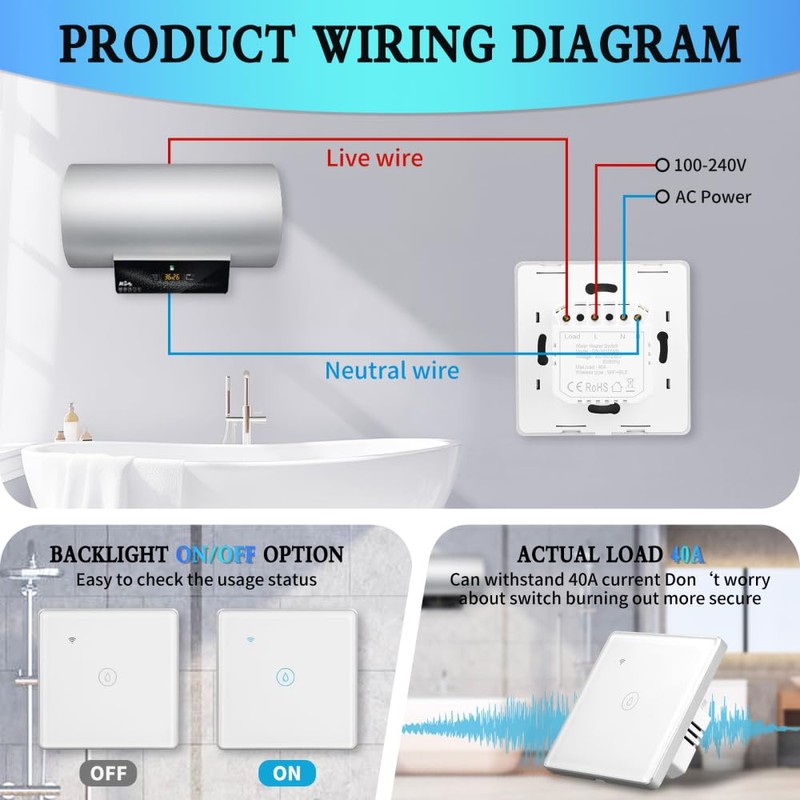 Smart Immersion Heater Timer, 40A 8000W WiFi Smart Switch with