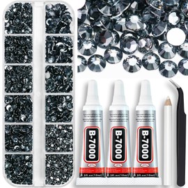 Towenm B7000 Glue with Rhinestones for Crafts Clothes Shoes Fabric, 4000PCS Flatback Rhinestone for Nails Face Jewelry, Transparent Grey Rhinestone Gems Bejeweled Kit, Mixed 5 Sizes 2/3/4/5/6mm