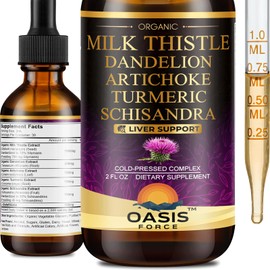 OASIS FORCE Organic Milk Thistle Extract Liquid for Liver Cleanse Detox & Repair, Silymarin Milk Thistle Drops Supplement with Dandelion & Artichoke for Liver Support, Vegan, Alcohol-Free, 2 FL OZ