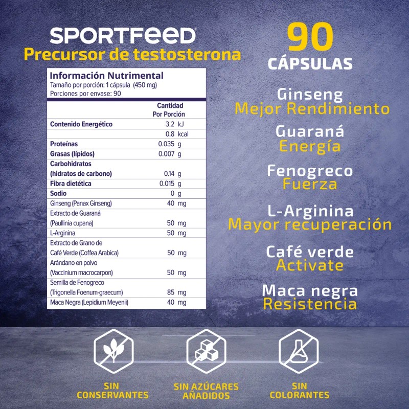 Suplemento Sportfeed Testo Fenogreco Maca Arginina Cápsulas