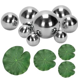 YUESIKJ 9 Decorative Ball Swimming Balls Silver Stainless Steel Decorative Ball Silver with 4 Floating Lotus Leaves Swimming Balls Pond Balls for Pond, Mini Pond, Decorative Fountain, Metal Ball