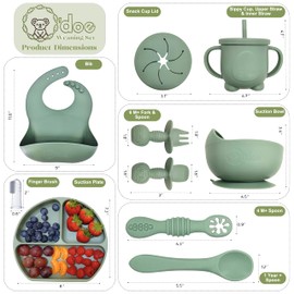 O'doe 11-Piece BPA-Free Silicone Baby Feeding Set | Thick & Soft Suction Plates, Baby Bowls, Wooden Fork & Spoon, and More | Make Mealtime Fun and Easy for Your Little One (Green, V1)