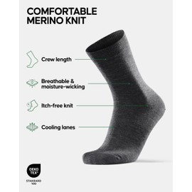 DANISH ENDURANCE Merino Wool Dress Socks, Breathable & Sweat-Wicking, Thermal Socks, Women & Mens Crew Socks, 3 or 5-Pack, Grey, Medium
