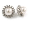 Statement Crystal Faux Pearl Floral Clip On Earrings In Silver