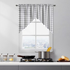 Grey Buffalo Plaid Cafe Curtains Farmhouse Swag Kitchen Curtain Valance 36 Inches Long, Gingham Check Rod Pocket Half Window Short Curtains for Kitchen Bathroom, 28" x 36", Silver/Gray, Set of 2