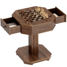 SogesPower Chess Checker Game Table with 2-Drawers Storage, Game Board Table Checkers Combo Table for Family, Wooden Game Table in Walnut