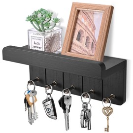 Kldgris Key Rack with Shelf, Wooden Key Holder, Decorative Wall Shelf with 5 Key Hooks, Wall Key Board for Entrance, Hallway, Kitchen, Bedroom (Black)