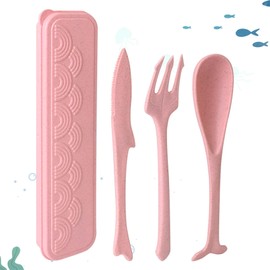 Heloner Reusable Travel Utensils Set with Case, Ocean Themed Plastic Cutlery Set Fork and Spoon Set for Lunch Box Accessories, Portable Flatware Utensil Set for Daily Use or Outdoor (Pink)