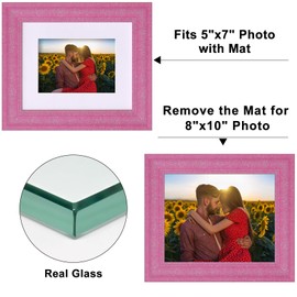 Minesaxel 8x10 Glitter Picture Frame with Mat for 5x7, HD Real Glass Pastel Sparkle Photo Frames, Colorful Cute Fun or Unique 8 by 10 Artwork Frame for Tabletop or Wall Display Pink 1 Pack