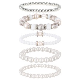 5 Pcs Beaded Stretch Bracelets White Stackable Bracelets Crystal Bead Bracelet Boho Beaded Bracelets Stretch Layering Crystal Stone Beaded Bracelets Trendy Costume Jewelry Gifts for Women