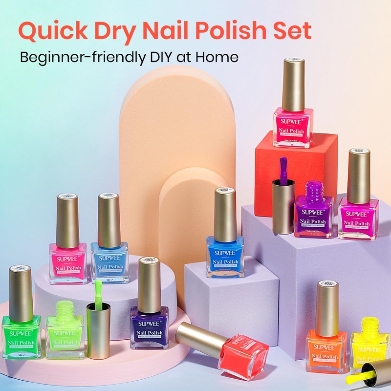 SUPWEE Bright Neon Nail Polish Set, Summer Rainbow Quick Dry