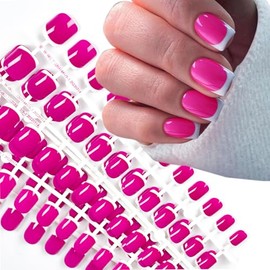 120pcs 5 Set Rose Pink White French Tip Press on Square Fake Nails Dark pink False Nails Art kit, IKISKT Press ons Nail Acrylic Artificial Nail with Adhesive Tab for Women Girls