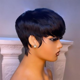 FREEKWEEN Short bob wig for black women Pixie Cut Wig Human Hair Short Bob layered Natural Black Straight Humah Hair full machine made Glueless Wigs With Bangs for Ladies daily use