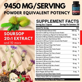 11in1 Soursop Graviola Extract Capsules 9450mg - Combined with Elderberry, Turmeric, Ginger, Milk Thistle, Cranberry & more - 150 Caps for 5 Months - Supplement for Mood, Cell Support & Immune System