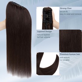 FUOTONBUTY Claw Clip Ponytail Extension, 100% Real Remy Human Hair, Long Straight Ponytail for Women (Medium Brown, 14 inch)