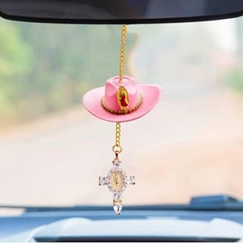 Cowboy Hat Car Charm,Country Rear View Mirror Hanging Accessories,Sunflower Cowgirl hat Cow Print Car Decor,Cute Handmade Felt Mini HatPendent for Women Girls(Pink Cowboy Hat Cross)