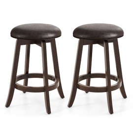 Giantex Bar Stools Set of 2, 24" Counter Height Bar Stools w/ 360° Swivel Round Seat & Footrest, Rubber Wood Frame, Upholstered PU Leather Backless Barstools for Kitchen, Dining Room, Pub, Brown