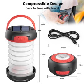 GlobaLink LED Camping Lamp, Foldable Solar Camping Lantern, Energy Bank with 2 Charging Methods (Solar/USB C) and 3 Light Modes for Camping, Fishing, Emergency, Includes Survival Bracelet with Whistle (Red)