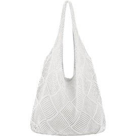 FNSIGHD Crochet Beach Bag,Women Knitted Handbags,Lightweight Beach Tote Bag,Retro Hollow Woven Shoulder Bags,White Crochet Handbags,Boho Shoulder Bags for Summer Vacation,Daily Work,Shopping,Travel