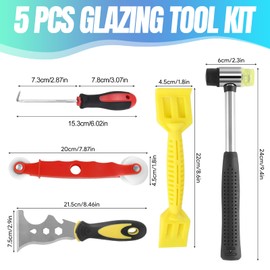 Window Glazing Tool Kit, 5Pcs Glazing Tools with Multi-Functions Rubber Hammer, Red Window Roller, 13-in-1 Steel Scraper, Rubber Strip Shovel and Pick Hook,for Window Door Screen Repair & Installation
