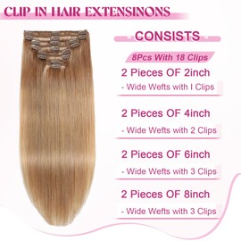 POGINJA Clip in Hair Extensions Real Human Hair, Remy Human Hair Extensions Clip ins for Women, 100% Natural Human Hair, Double Weftm, 16inch 70g 8Pcs, #27 Honey Blonde