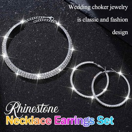 Nicute Rhinestone Necklace Jewelry Set Silver Necklace and Hoop Earrings Crystal Wedding Jewelry for Women (Silver)