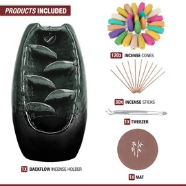 Anbar Backflow Incense Burner with 120 Cones, 30 Sticks, Tongs, and Table Mat, Natural Aromatherapy with Ceramic Smoke Waterfall, Supports Meditation and Relaxation, Home Decor (Green)