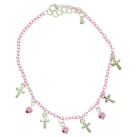 Mi Amore Pink Ankle Bracelet Pink Spherical & Silver-Tone Cross Shaped Charms