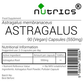 Nutrics® 550mg ASTRAGALUS ROOT 100% Pure x 90 V Capsules (1 Month Supply) huáng qí Milkvetch g - Suitable for Vegan Vegetarian Halal Kosher
