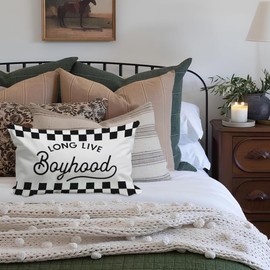 ETVISO Boys Car Room Decor Pillow Cover 12x20, Long Live Boyhood Lumbar Pillow Covers, Trendy Black and White Checkerboard Decor for Boys Bedroom Playroom Nursery