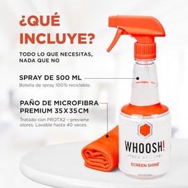 WHOOSH! Pro Limpiador de Pantallas de TV Rellenable 500ml y Paño Microfibra - Limpiador sin Rayas para Pantallas Planas, OLED, LCD, Smart TV y Monitores - No Tóxico e Inodoro - Kit de Limpieza